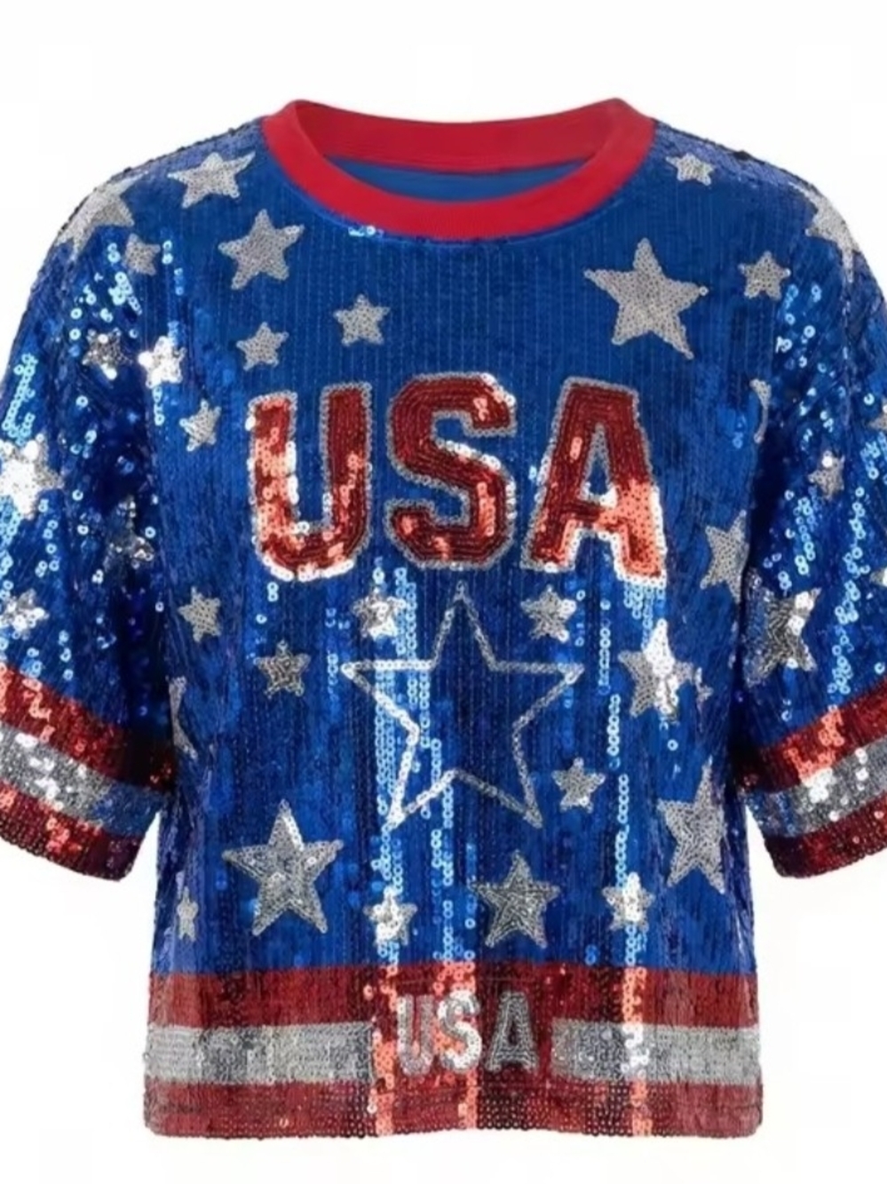 Ladies' Blue Sequin USA Star Cropped Jersey
